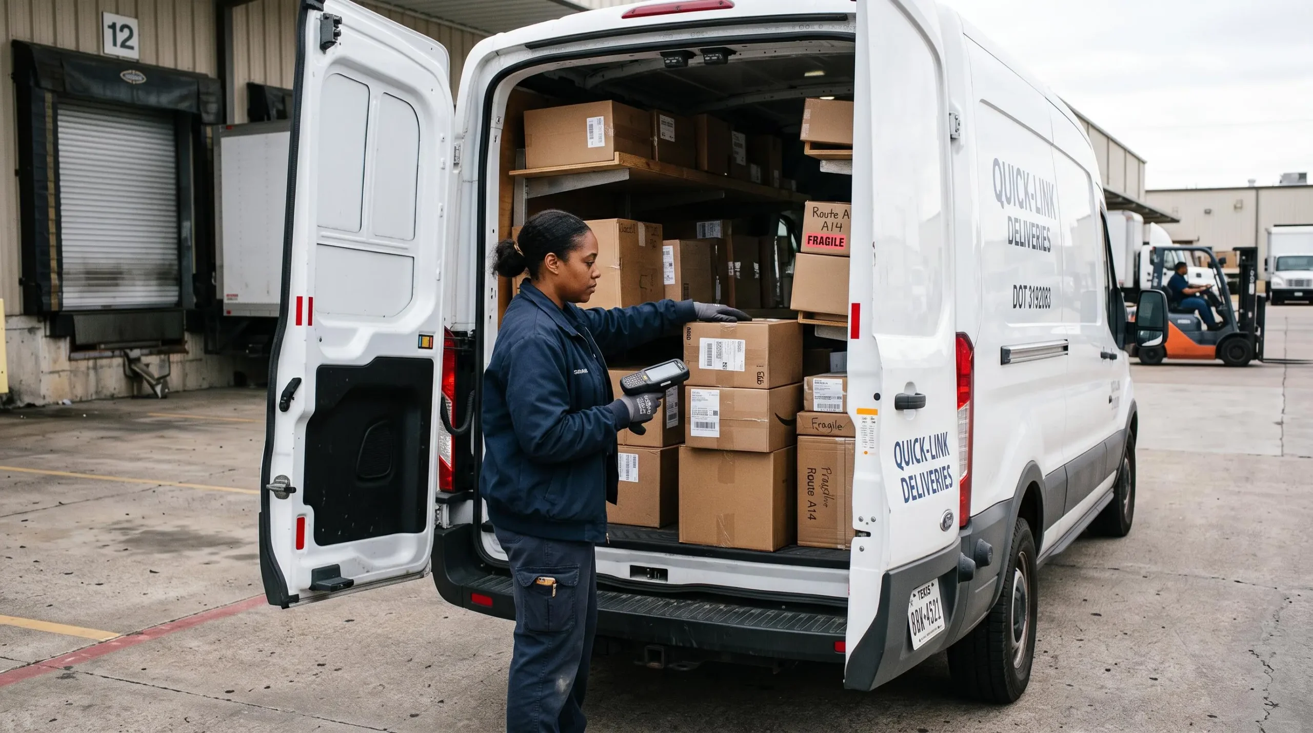 Delivery driver loading packages into commercial van at loading dock with mobile device