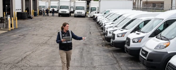 Fleet manager inspecting commercial vans and delivery trucks in a vehicle depot yard