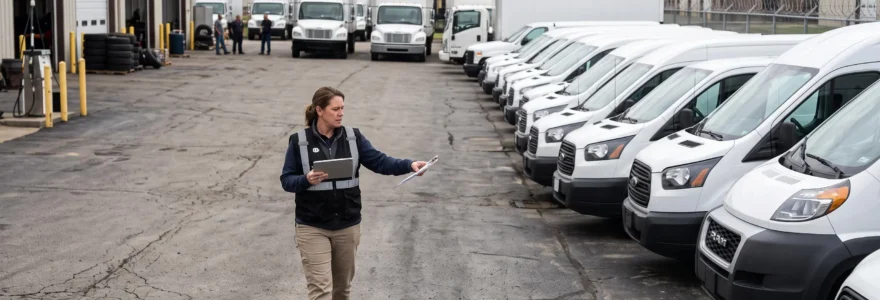 Fleet manager inspecting commercial vans and delivery trucks in a vehicle depot yard