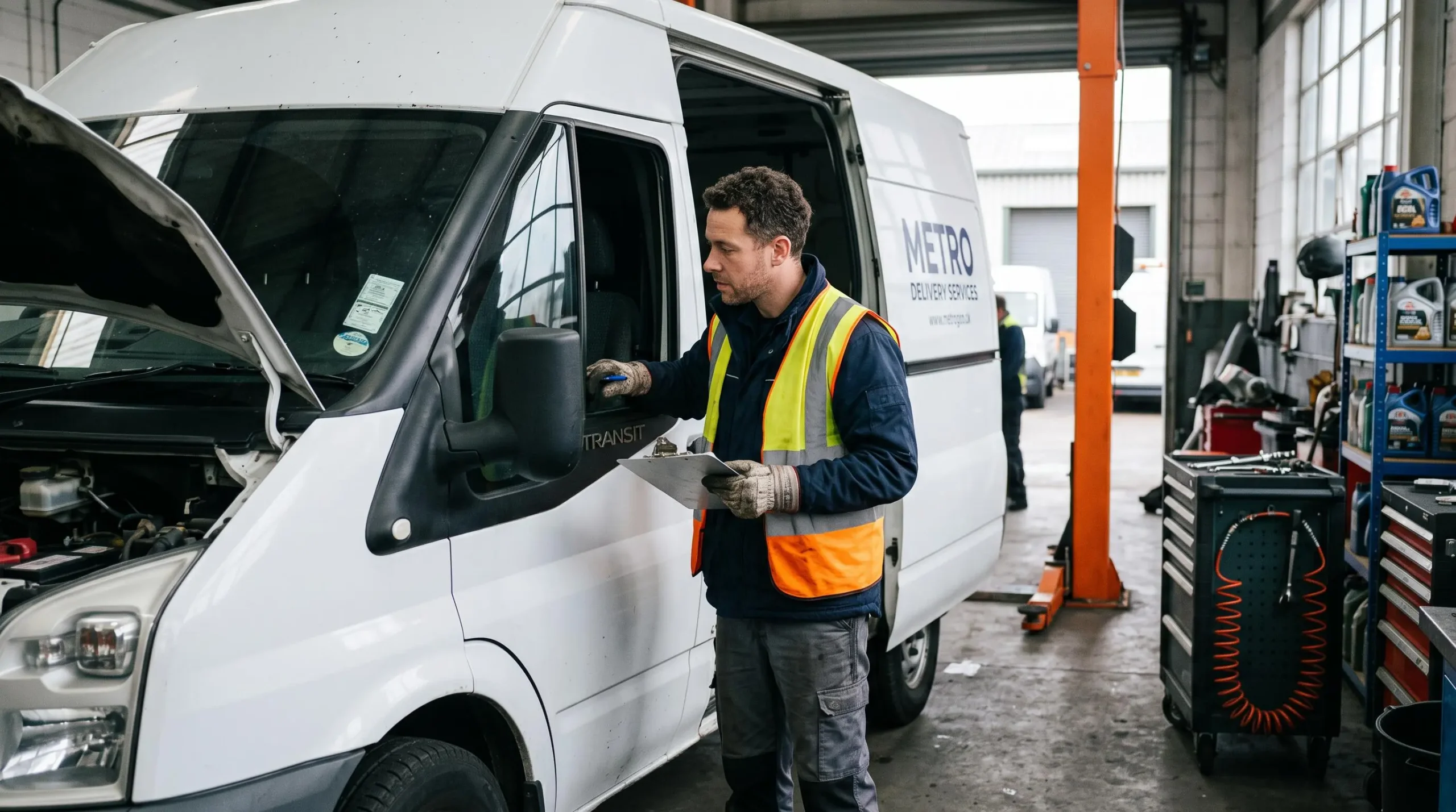 Maintenance technician inspecting a commercial delivery van with clipboard during vehicle check